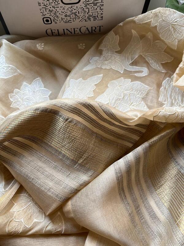 Beige Silk Saree with White Floral Embroidery