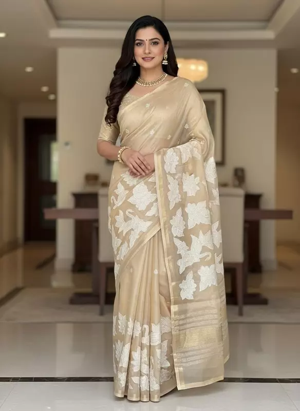 Beige Silk Saree with White Floral Embroidery