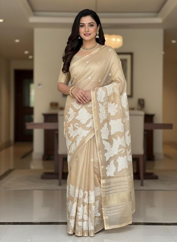 Beige Silk Saree with White Floral Embroidery