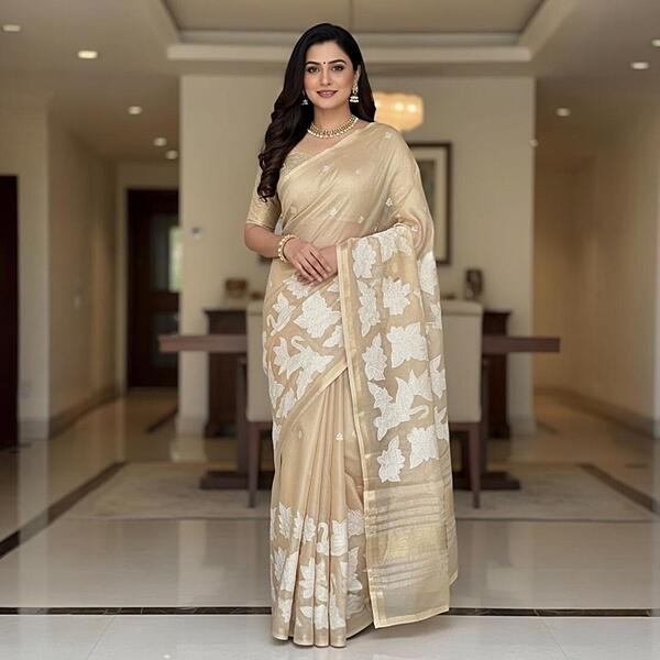 Beige Silk Saree with White Floral Embroidery