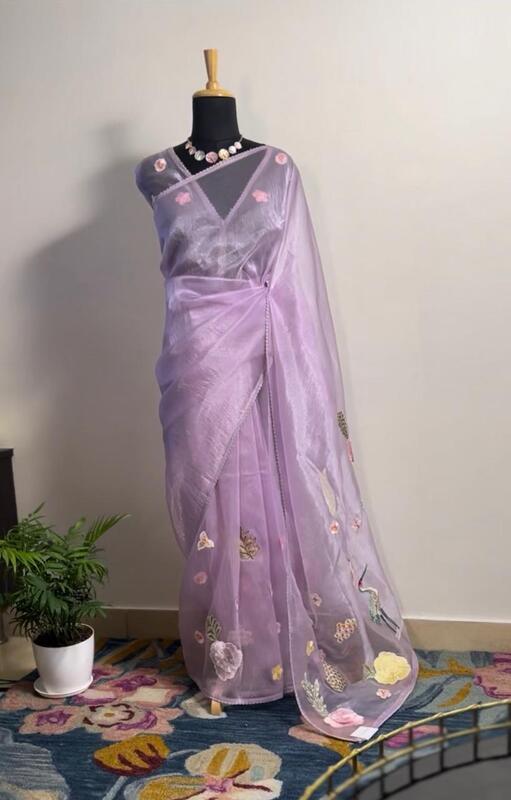Sheer Saree with Floral & Bird Motifs