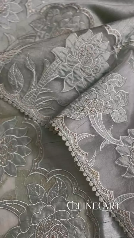 Green Saree with Floral Embroidery