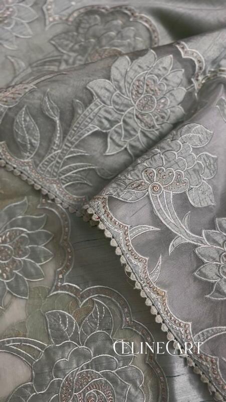 Green Saree with Floral Embroidery