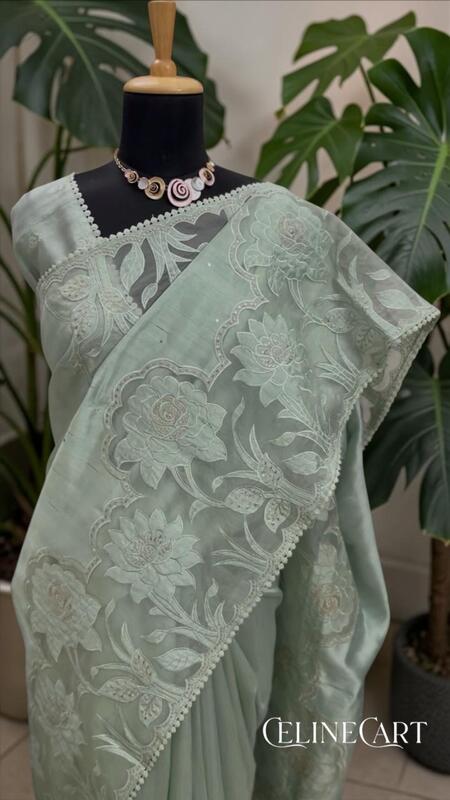 Green Saree with Floral Embroidery