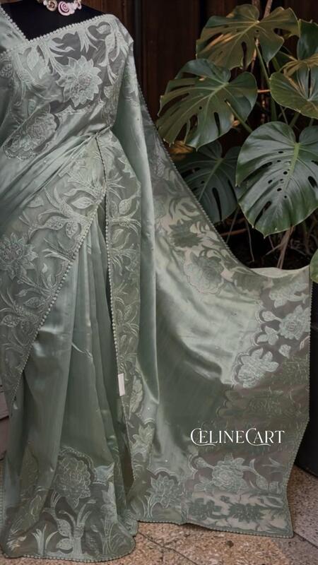 Green Saree with Floral Embroidery