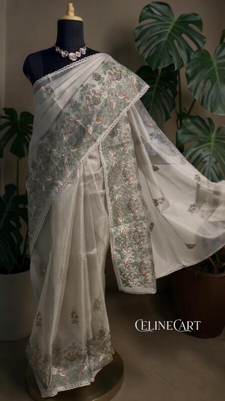 Ivory Saree with Bird & Floral Embroidery