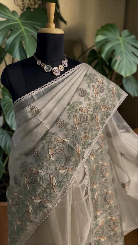 Ivory Saree with Bird & Floral Embroidery