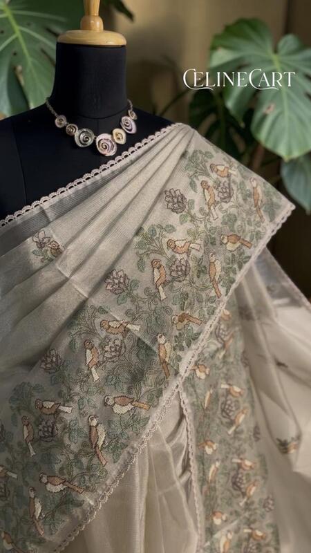 Ivory Saree with Bird & Floral Embroidery
