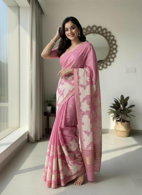 Pink Saree with Swan & Floral Embroidery