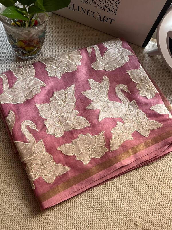 Pink Saree with Swan & Floral Embroidery