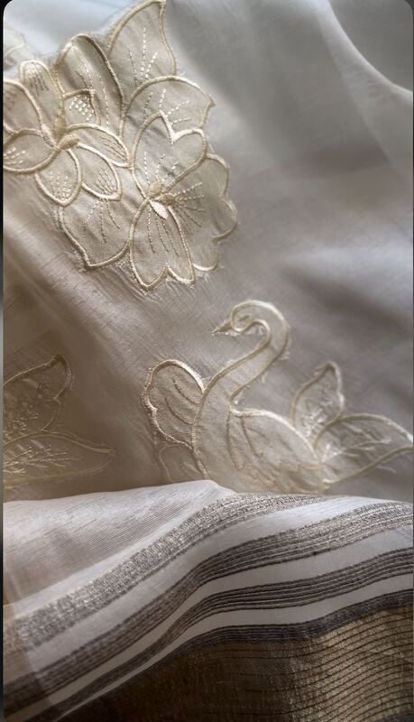 White Saree with Golden Swan Embroidery