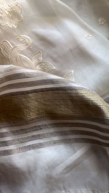 White Saree with Golden Swan Embroidery