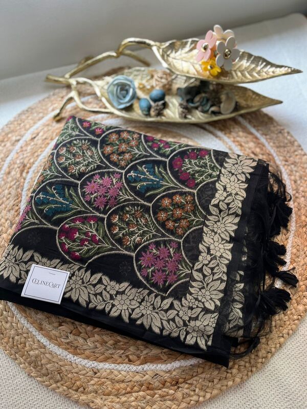 Black Saree with Vibrant Floral Embroidery