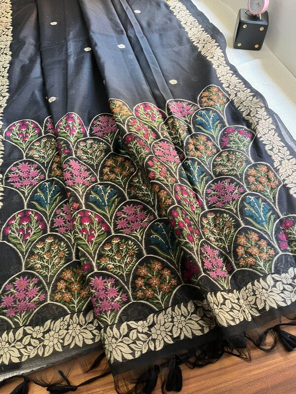 Black Saree with Vibrant Floral Embroidery
