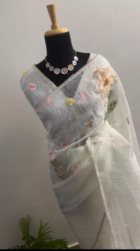 Enchanted Blossom 3D Appliqué Saree - Pearl White