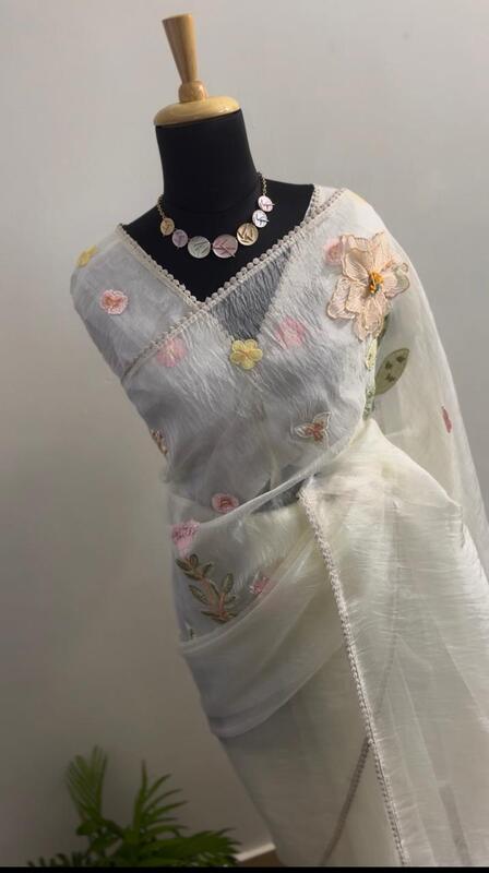 Enchanted Blossom 3D Appliqué Saree - Pearl White