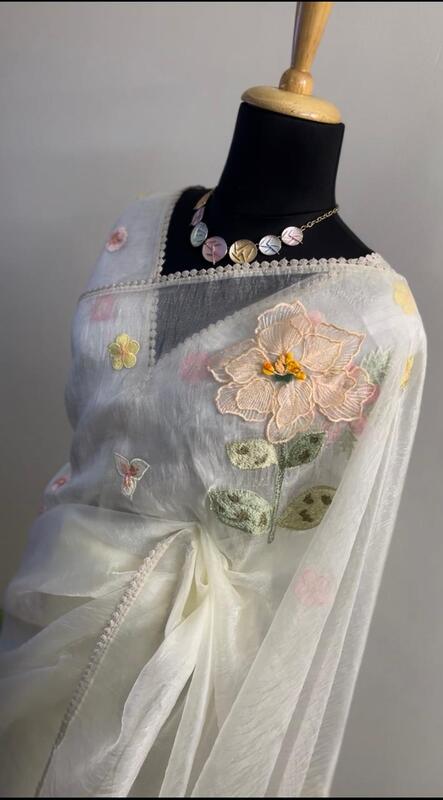 Enchanted Blossom 3D Appliqué Saree - Pearl White