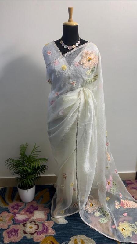 Enchanted Blossom 3D Appliqué Saree - Pearl White