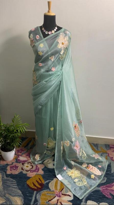 Ethereal Garden 3D Appliqué Saree - Teal Color
