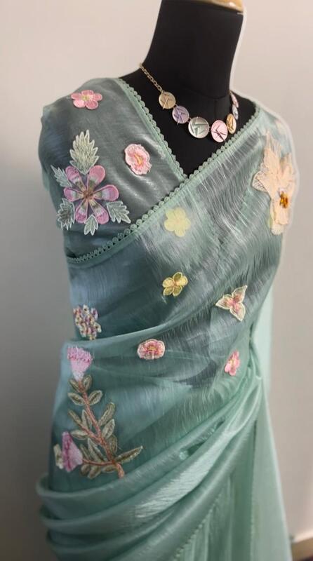 Ethereal Garden 3D Appliqué Saree - Teal Color
