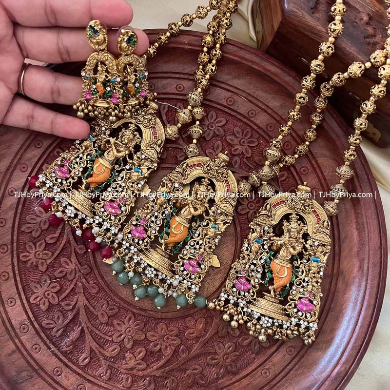 Krishna Pendant Divine Gold Mala Beads Haram (TJH 437)