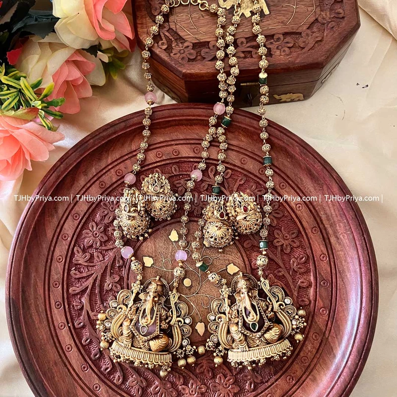 Vinayagar Pendant With Gold Beads Haram Colors Pink And Maroon (TJH 377)