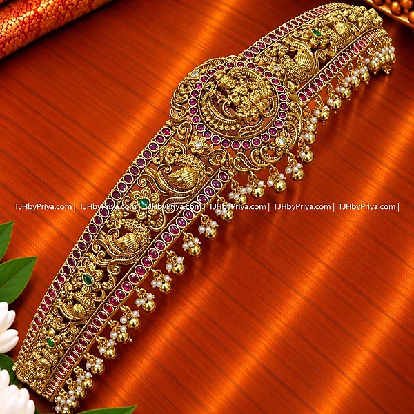 Premium Traditional Kemp Stone And Lakshmi Design Hipbelt With White Pearls Gold Alike (TJH 495)