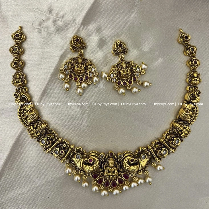Premium Quality Lakshmi And Peacock Motifs Necklace Gold Alike Collection