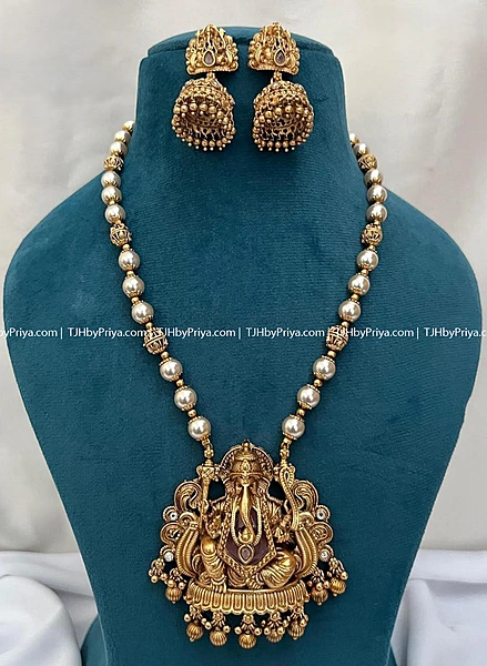 Vinayagar Dollar Haram With Pearl And Gold Bead Chain Pink Stone (TJH 505)