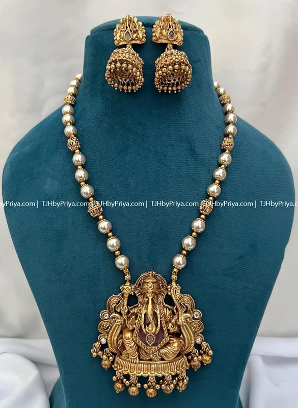 Vinayagar Dollar Haram With Pearl And Gold Bead Chain Pink Stone (TJH 505)