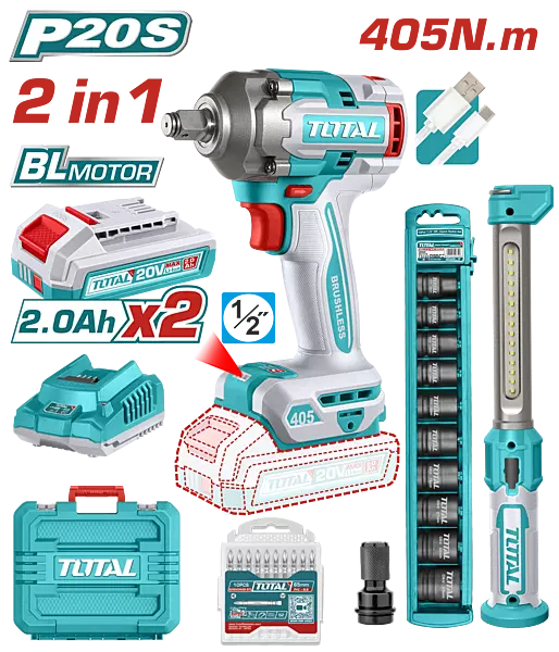 TOTAL Cordless Impact Wrench 2 Pcs Combo Kit TOSLI23056 (405Nm) TOTAL Cordless Impact Wrench 2 Pcs Combo Kit TOSLI23056 (405Nm)
