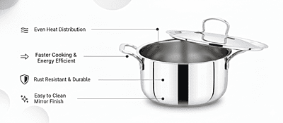 Garnny Kitchen Triply Stainless Steel Stew Pot with Lid, 3-Layer Induction and Gas Compatible