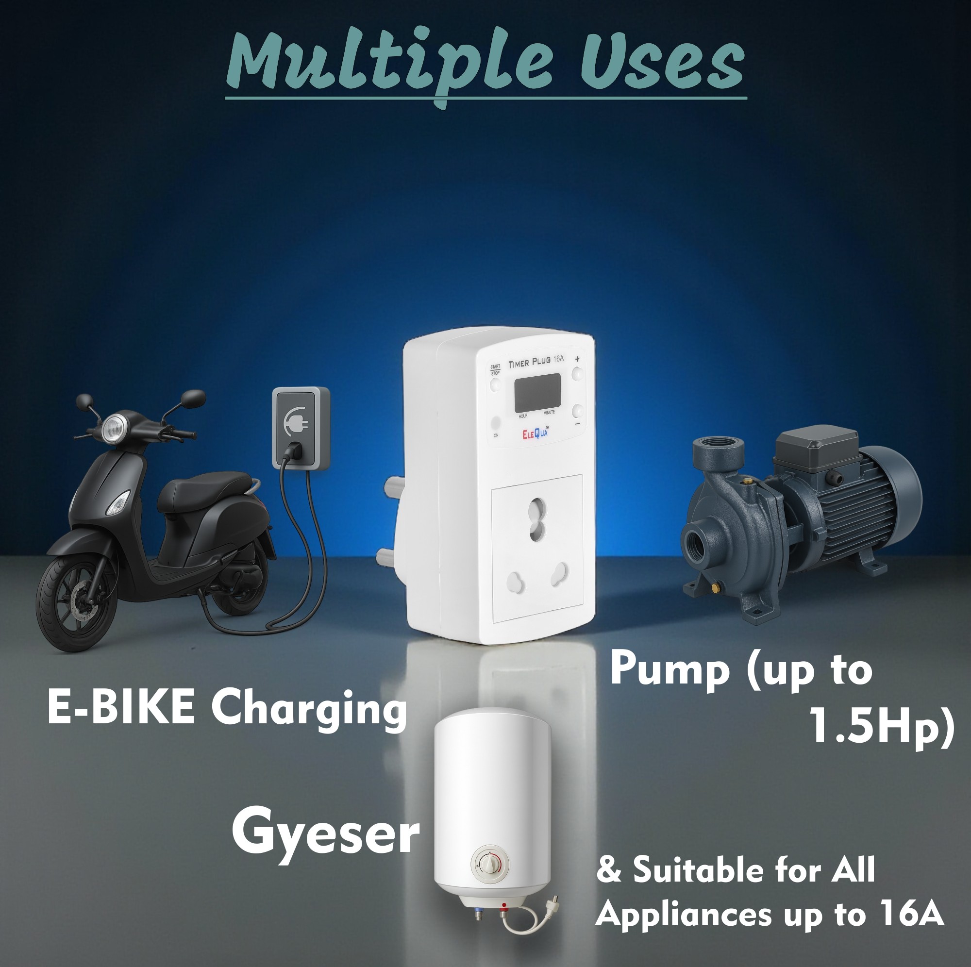 EleQua 16A Auto Power Cut-Off Timer Plug | Ideal for Pump, E-Bike Charger, Geyser & Home Appliances