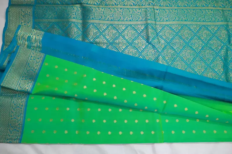 Mint Green and blue (double color) silk saree with teal zari border