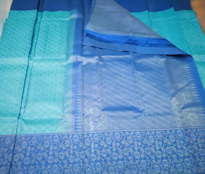 Aqua blue silk saree with sky blue zari pallu and floral zari border