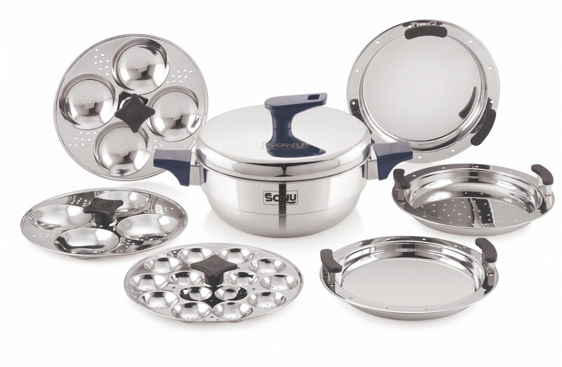 Sonu Tiros Triply Stainless Steel Multi-Kadai| Idli Maker, Dhokla Steamer, Steaming Plates