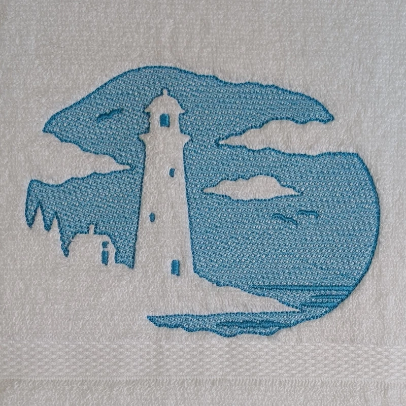 Seaside Lighthouse and Sun Embroidered Hand Towel Set of 2