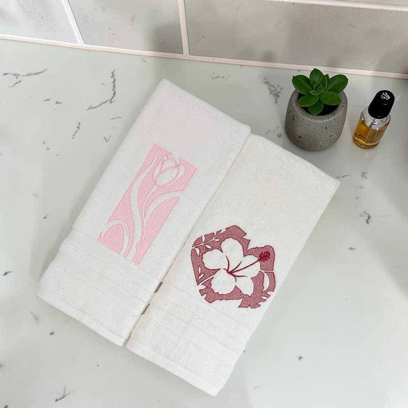 Tulip and Hibiscus Embroidered Hand Towel Set of 2