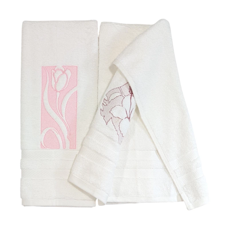 Tulip and Hibiscus Embroidered Hand Towel Set of 2