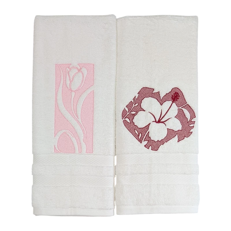 Tulip and Hibiscus Embroidered Hand Towel Set of 2