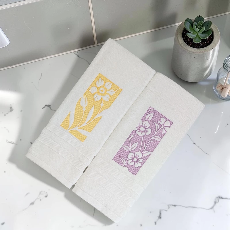 Daffodil and Cosmos Embroidered Hand Towel Set of 2