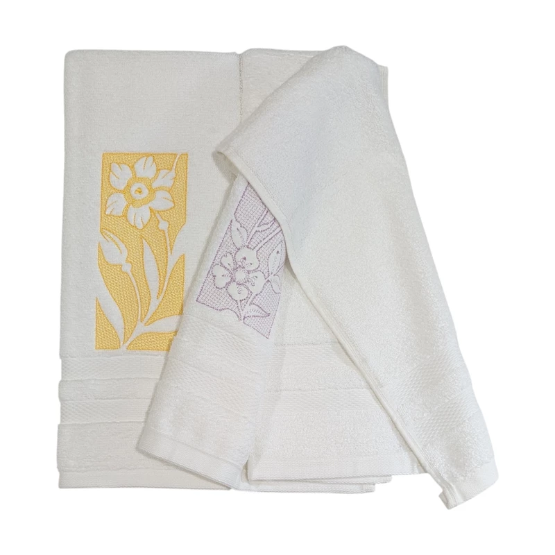 Daffodil and Cosmos Embroidered Hand Towel Set of 2