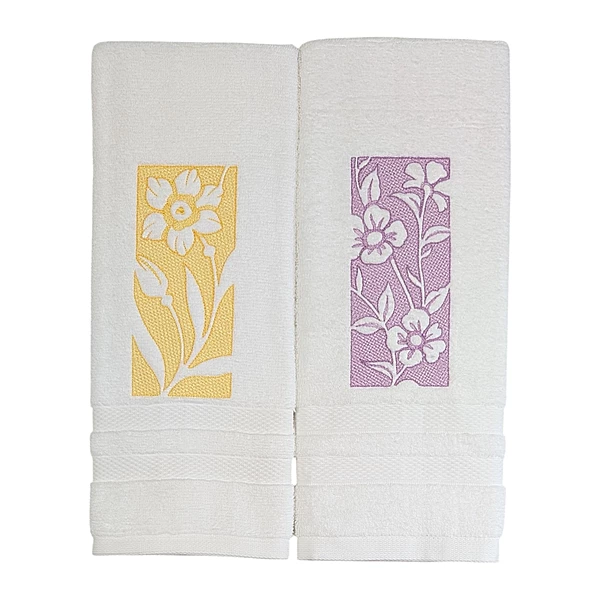 Daffodil and Cosmos Embroidered Hand Towel Set of 2