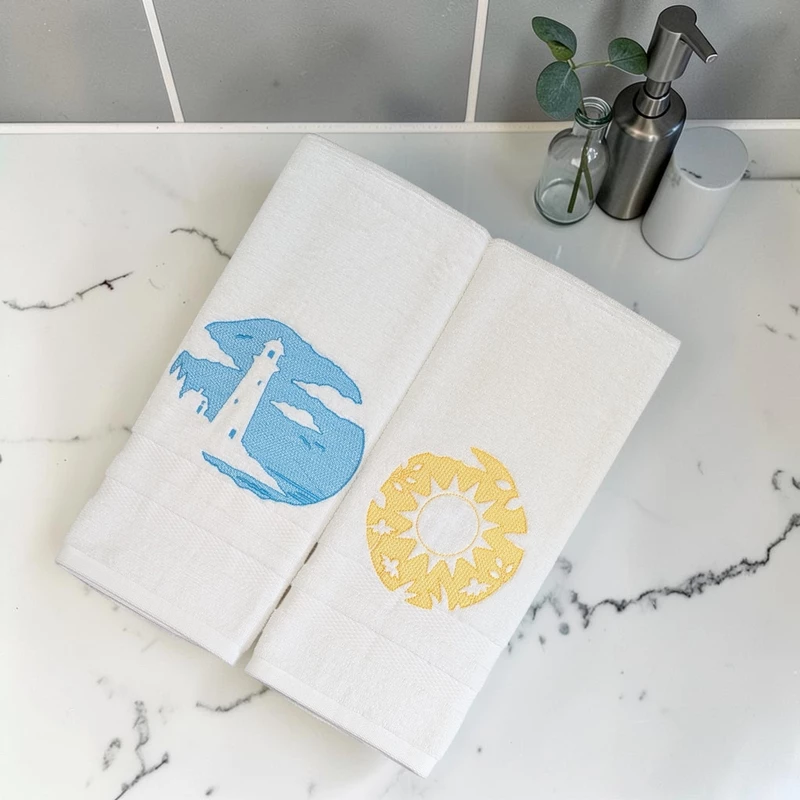 Seaside Lighthouse and Sun Embroidered Hand Towel Set of 2