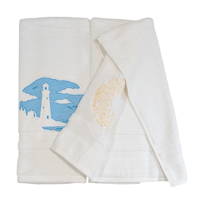 Seaside Lighthouse and Sun Embroidered Hand Towel Set of 2