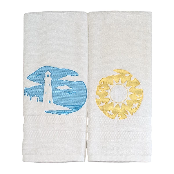 Seaside Lighthouse and Sun Embroidered Hand Towel Set of 2