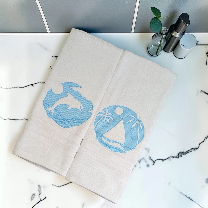 Dolphin and Tropical Sailboat Embroidered Hand Towel Set of 2