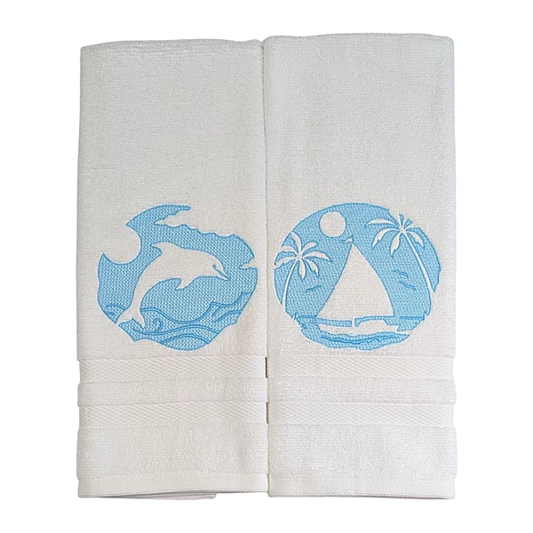 Dolphin and Tropical Sailboat Embroidered Hand Towel Set of 2