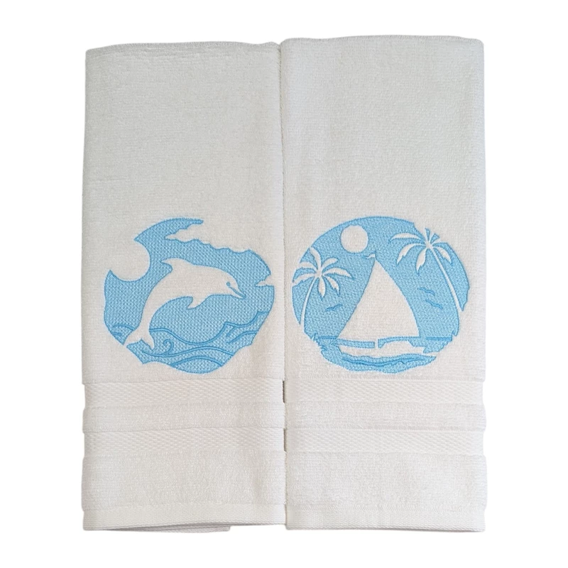 Dolphin and Tropical Sailboat Embroidered Hand Towel Set of 2