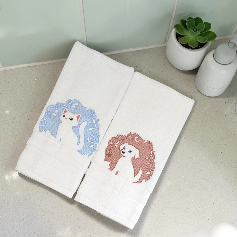 Cat and Dog Embroidered Hand Towel Set of 2